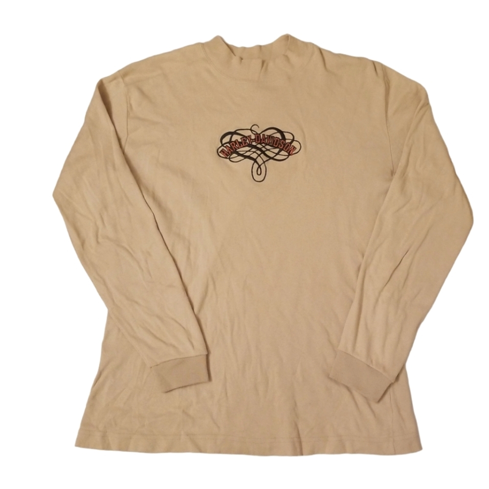 Harley Davidson Top Size L Long Sleeve Tee Turtleneck Tan Embroidered Stretchy
